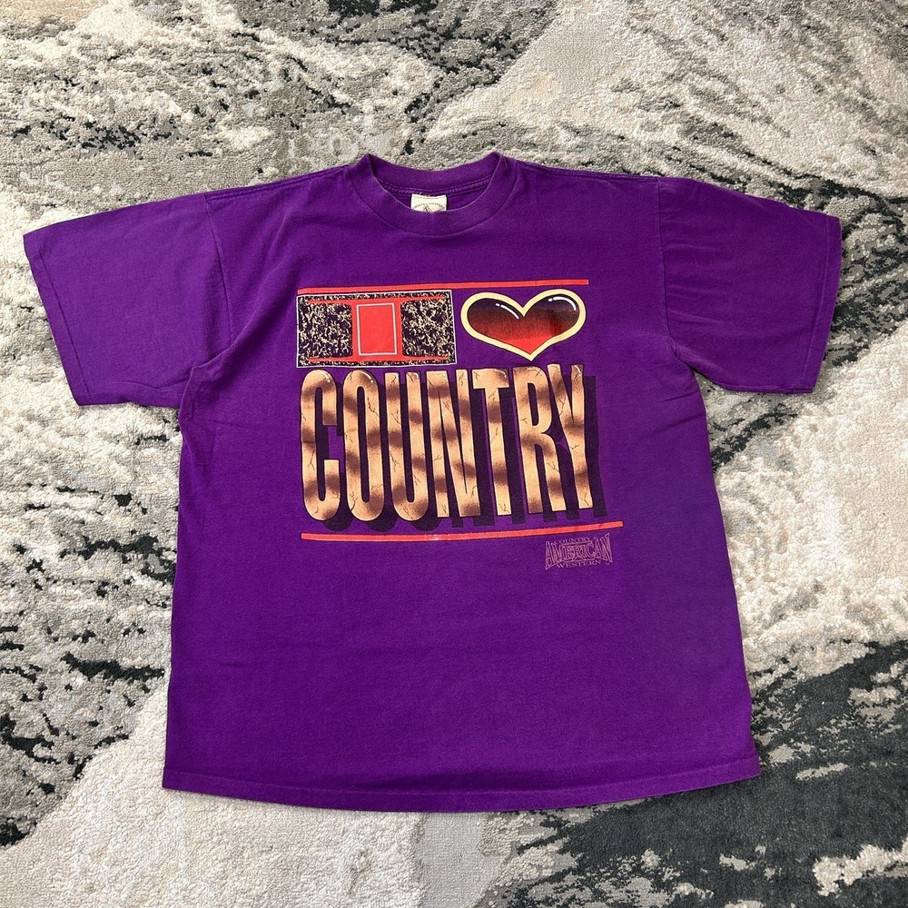 Vintage‎ 90s I Love Country Music Purple Single Stitch Graphic T-Shirt XL